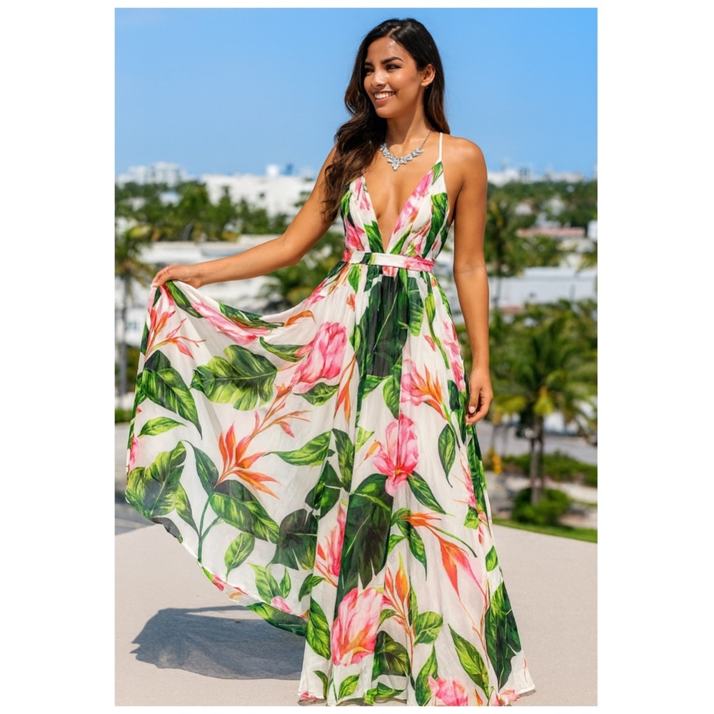 Meghan LA Tropical Floral Deep V Open Back Maxi Dress White Small